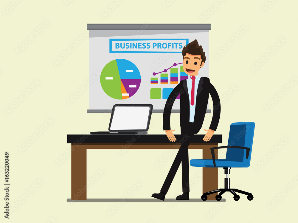 Manager or businessman stand near table in a office workplace.Business concept cartoon illustration Manager or businessman stand near table in a office workplace.Business concept cartoon illustration