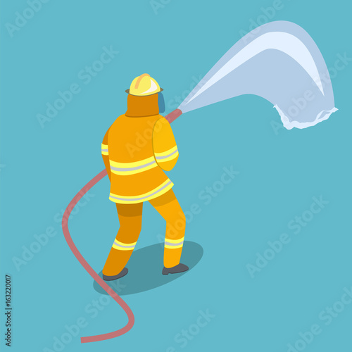 Isometric flat 3D isolated vector cutaway Firefighters in action.