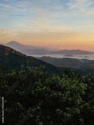 Sunset view from the mountains in Gocek, Turkey - beach town of Fethiye below