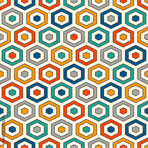 Honeycomb background. Vivid colors repeated hexagon tiles wallpaper. Seamless pattern with classic geometric ornament.