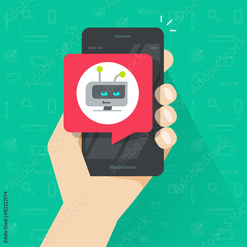 User holding smartphone with chatbot chat bubble vector illustration, flat cartoon mobile phone with online bot message supporting customer, future internet communication technology concept