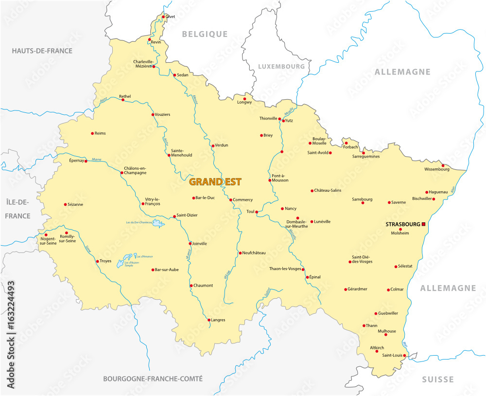 Map of the new French region Grand Est in French