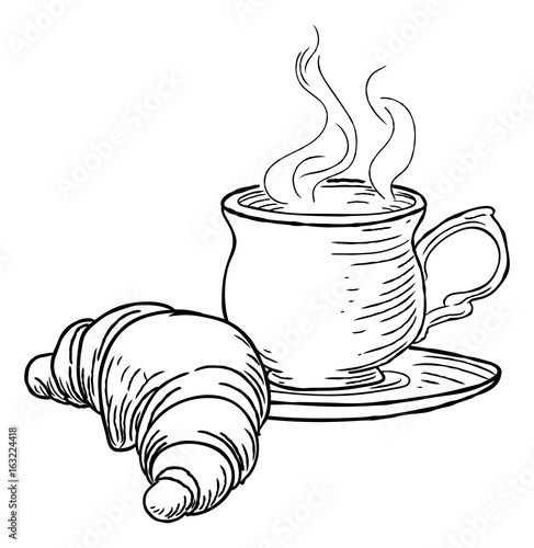 Cup of Tea and Croissant Vintage Retro Style