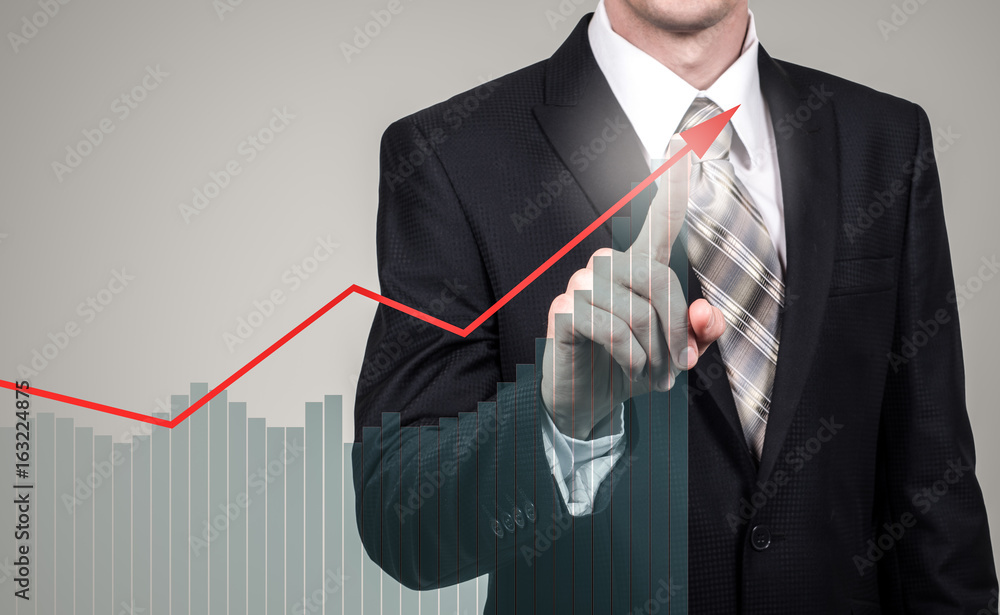 Development and growth concept. Businessman plan growth and increase of positive indicators in his business and finance Development and growth concept. Businessman plan growth and increase of positive indicators in his business and finance