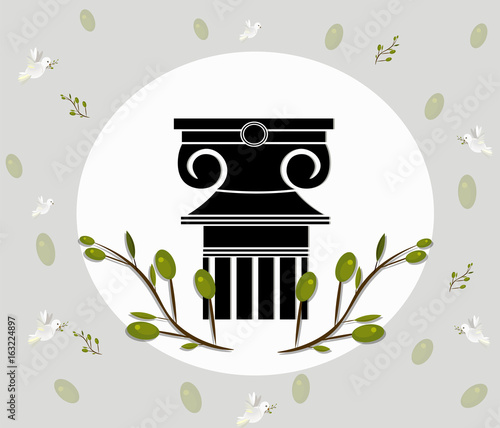 Greek Ionic columns order vintage design with olive leaves branch Vector illu...