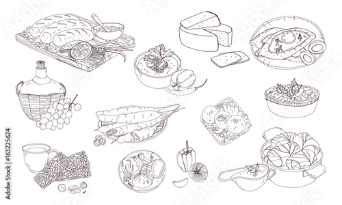 Georgian cuisine. Different dishes. Hand drawn black and white vector illustration.
