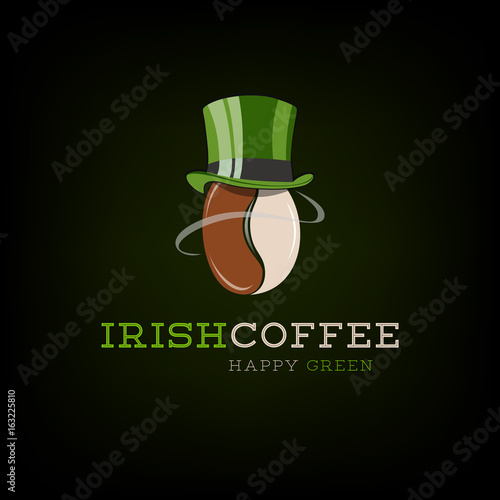 Hot irish coffee bean gentleman classic in a green top hat vector illustration isolated over black background