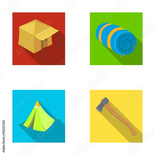 Tent with awning, ax and other accessories.Tent set collection icons in flat style vector symbol stock illustration web.