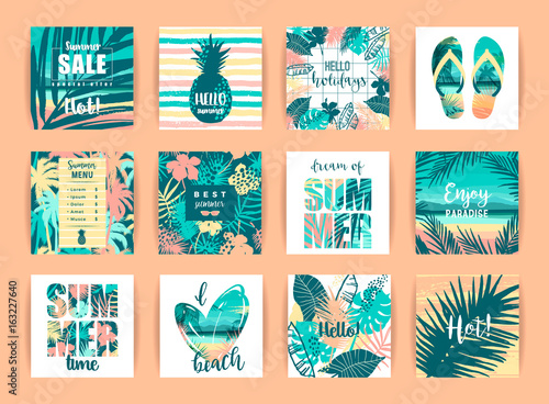 Set of summer tropical designs. Vector templates.