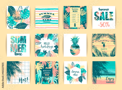 Set of summer tropical designs. Vector templates.