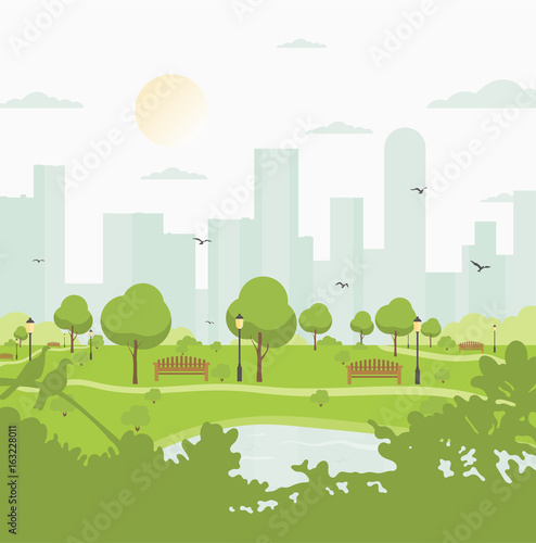 City park against high-rise buildings. Landscape with trees, bushes, lake, birds, lanterns and benches. Colorful vector square illustration in flat cartoon style.