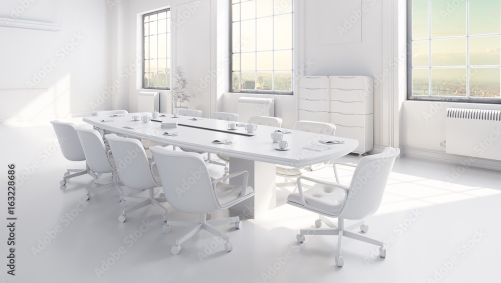 White modern office space with city background