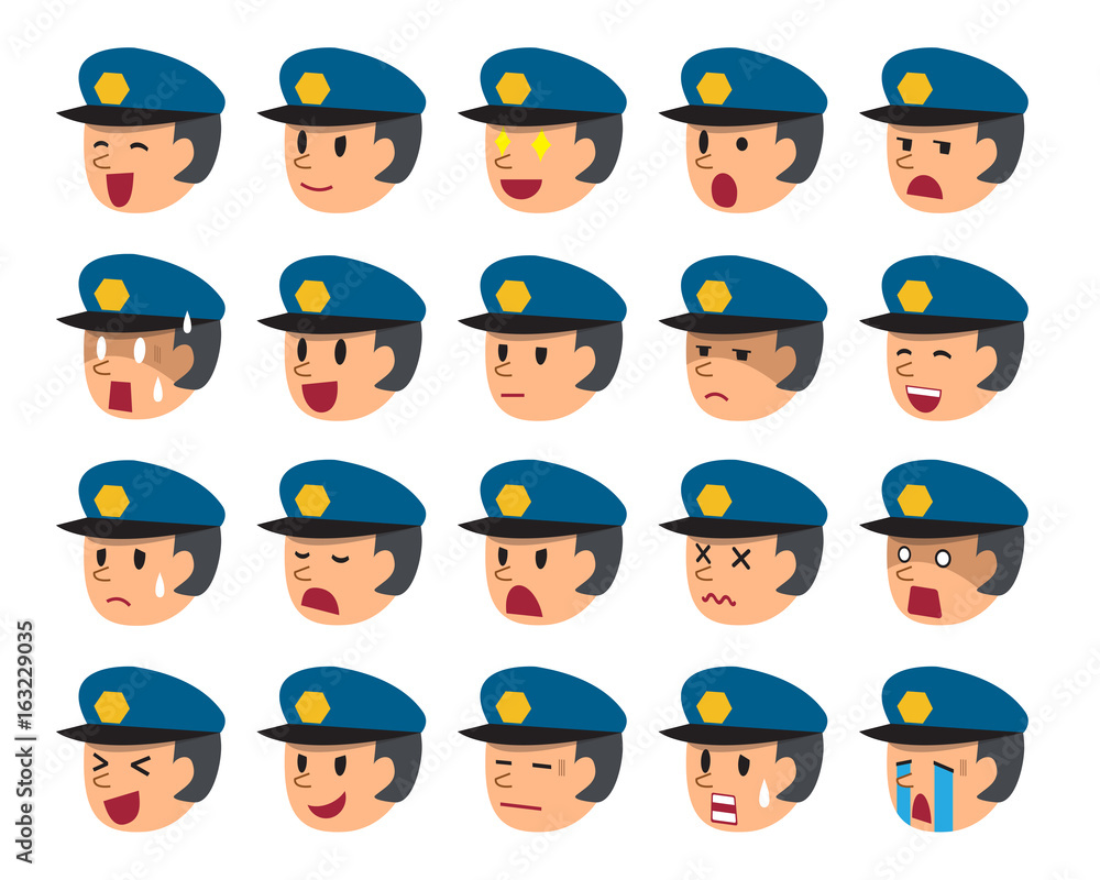 Set of policeman faces showing different emotions Set of policeman faces showing different emotions