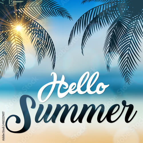 Hello Summer sign, With coconut trees at the seaside, suitable for Summer Holiday and Beach Party. Vector Illustration