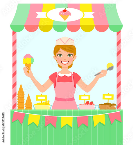 happy young woman selling ice cream in a stall