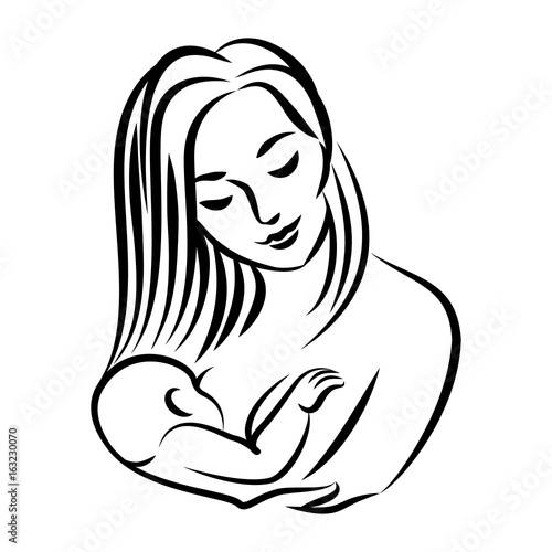 Mother with baby. Stylized outline symbol. Woman breastfeeding child. Motherhood, love, mother care. Silhouette, icon, logo, sign. Vector illustration.