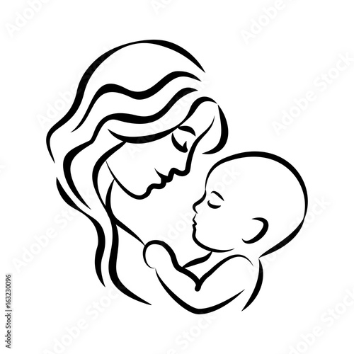 Mother with her baby. Stylized outline symbol. Motherhood, love, mother care. Silhouette, icon, logo, sign. Vector illustration.