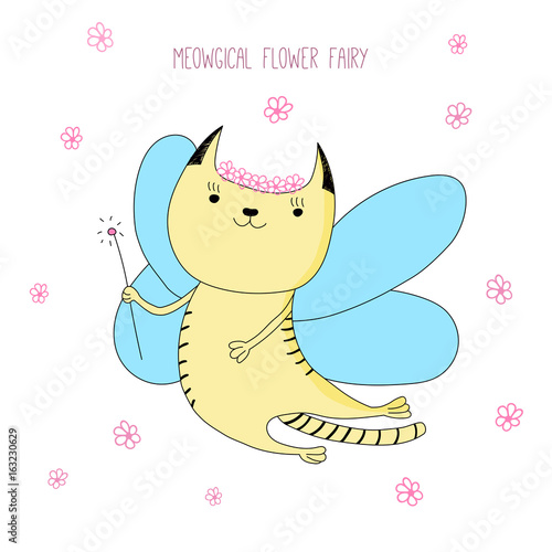 Hand drawn vector doodle of cute funny fairy cat with wings and magic wand, with text