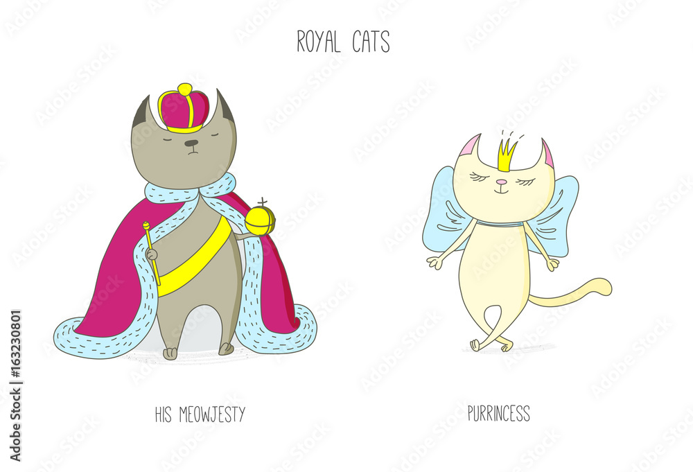 Hand drawn vector doodles of cute funny royal cats - king and princess in crowns, with text - obrazy, fototapety, plakaty 