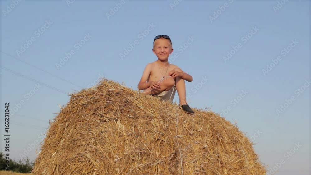 Boy on bales/The boy was sitting on a straw in the field Boy on bales/The boy was sitting on a straw in the field