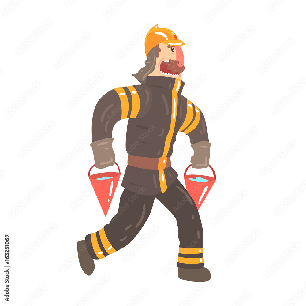Firefighter in safety helmet and protective suit running with red buckets full of water cartoon character vector Illustration