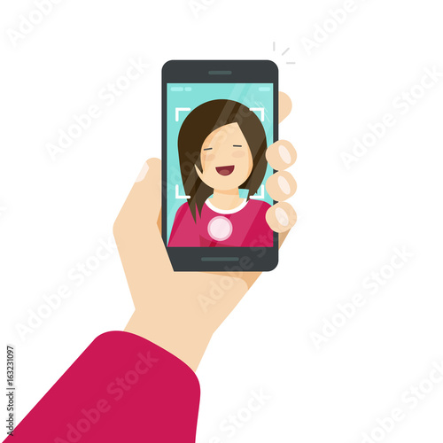 Selfie via smartphone, photo of yourself vector illustration, flat cartoon young happy girl with mobile phone in hand making self photo clipart isolated on white background