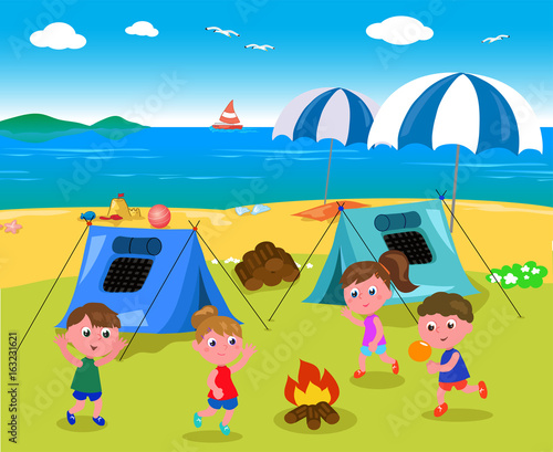 Kid camping at the seaside cartoon vector
