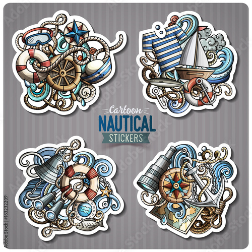 Set of Nautical doodle cartoon stickers
