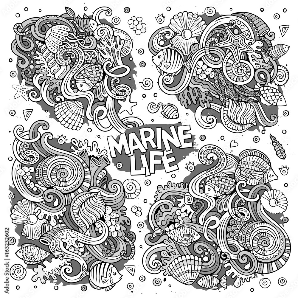 Line art set of marine life doodle designs