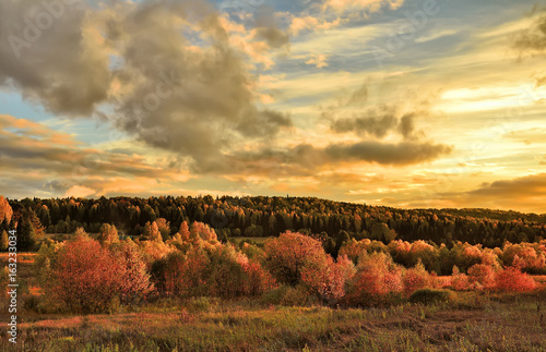 Bright rural autumn landscape at sunset