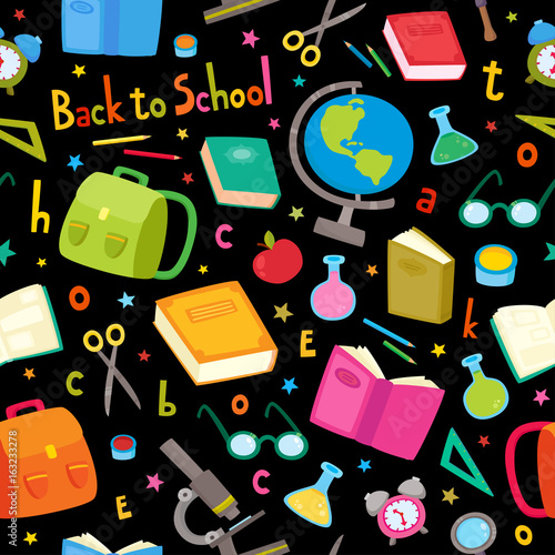 Vector seamless pattern with school elements isolated on black b