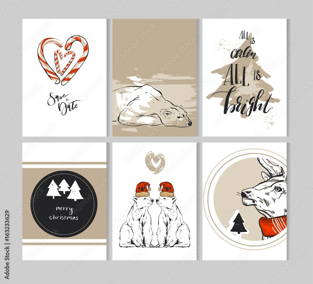 Obraz premium Hand drawn vector abstract Merry Christmas greeting cards template collection set with deer,polar bear,Christmas trees,cande canes and modern calligraphy phase.Simple Christmas journaling cards,page