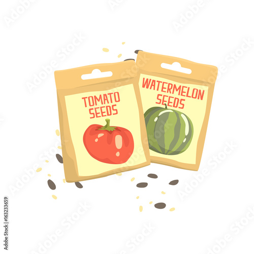 Packs of tomato and watermelon seeds cartoon vector Illustration