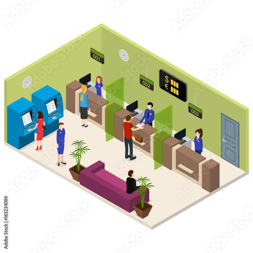 Interior Bank Office Isometric View. Vector