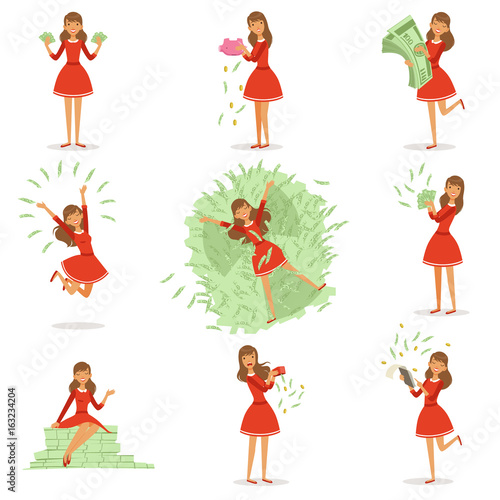 Happy young rich woman in a red dress enjoying her money, set of colorful detailed vector Illustrations