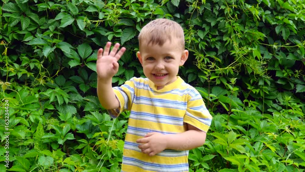 Little boy waving his hand to the camera. Little boy waving his hand to the camera.
