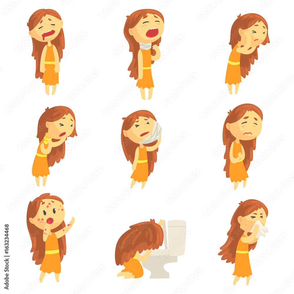 Cartoon unhappy woman suffering from pain with symptoms of diseases in various pose, set of colorful detailed vector Illustrations Cartoon unhappy woman suffering from pain with symptoms of diseases in various pose, set of colorful detailed vector Illustrations