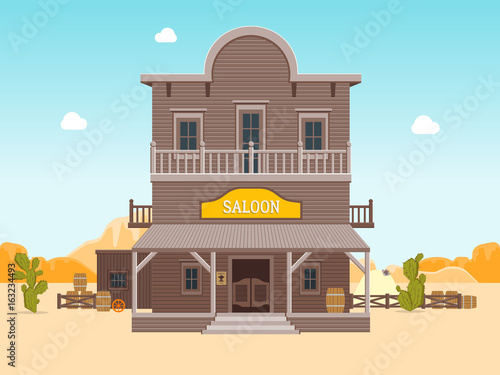 Cartoon Building Saloon on a Landscape Background. Vector