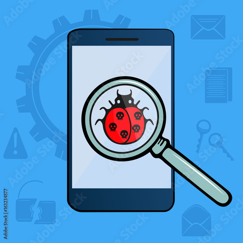 Ladybug with skulls under magnifying glass. Virus detected. Hacker Attack. The mobile phone is infected.