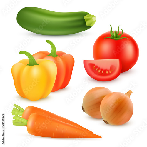 Realistic vegetables. Tomato, onion, pepper, carrot and zucchini. Isolated 3d vector icon set