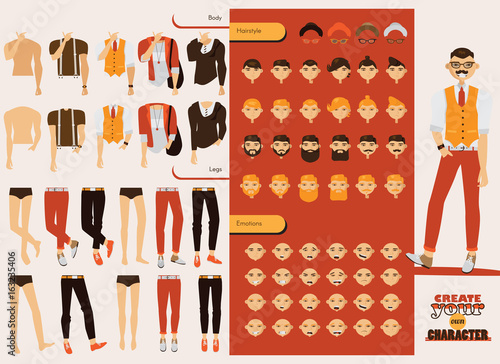 Vector constructor with handsome male character with spare body parts, changable heads, emotions on face, hairstyle and beard type. Hand drawn hipster guy creation collection.