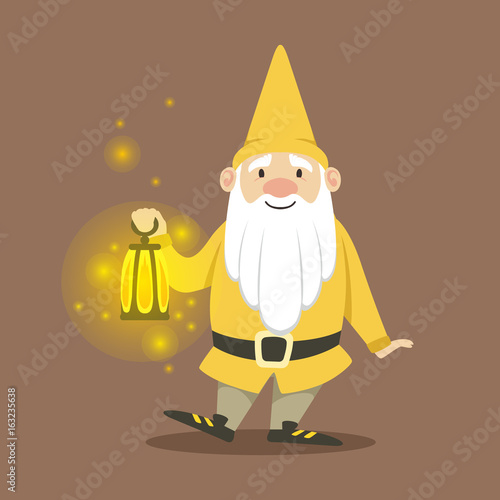 Cute dwarf in a yellow jacket and hat standing with small burning oil lamp vector Illustration