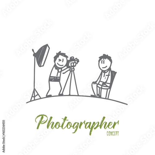 Photographer concept. Hand drawn photographer working with model in studio. Photo session isolated vector illustration.