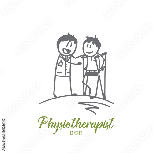 Physiotherapist concept. Hand drawn physiotherapist working with patient in clinic. Patient on crutches and doctor isolated vector illustration.