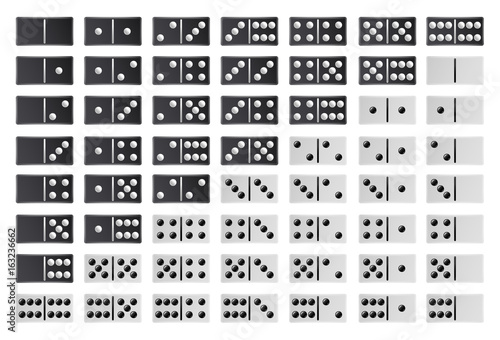 Domino Full Big Set Vector. Black And White Color. Realistic Dominoes Bones Collection Isolated On White. 28 Pieces For Game