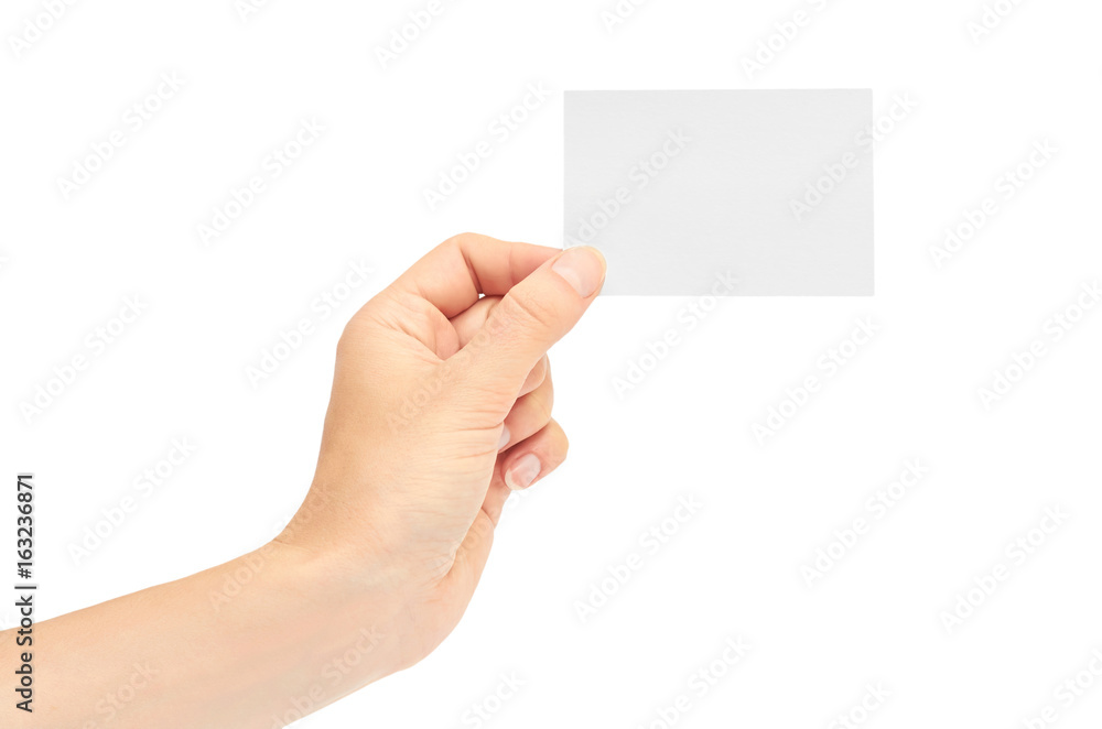 Female hands hold a business card. Isolated on white background Female hands hold a business card. Isolated on white background