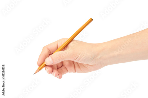 Female hands hold a pencil. Isolated on white background