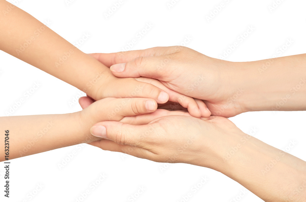 hand of young girl holding kids hand. Isolated on white background hand of young girl holding kids hand. Isolated on white background
