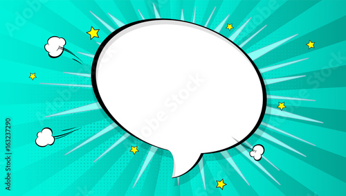 Pop art splash background, explosion in comics book style, blank layout template with halftone dots, clouds beams and isolated dots pattern on backdrop. Vector template for ad, covers, posters.