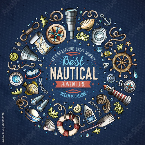Set of Nautical cartoon doodle objects, symbols and items